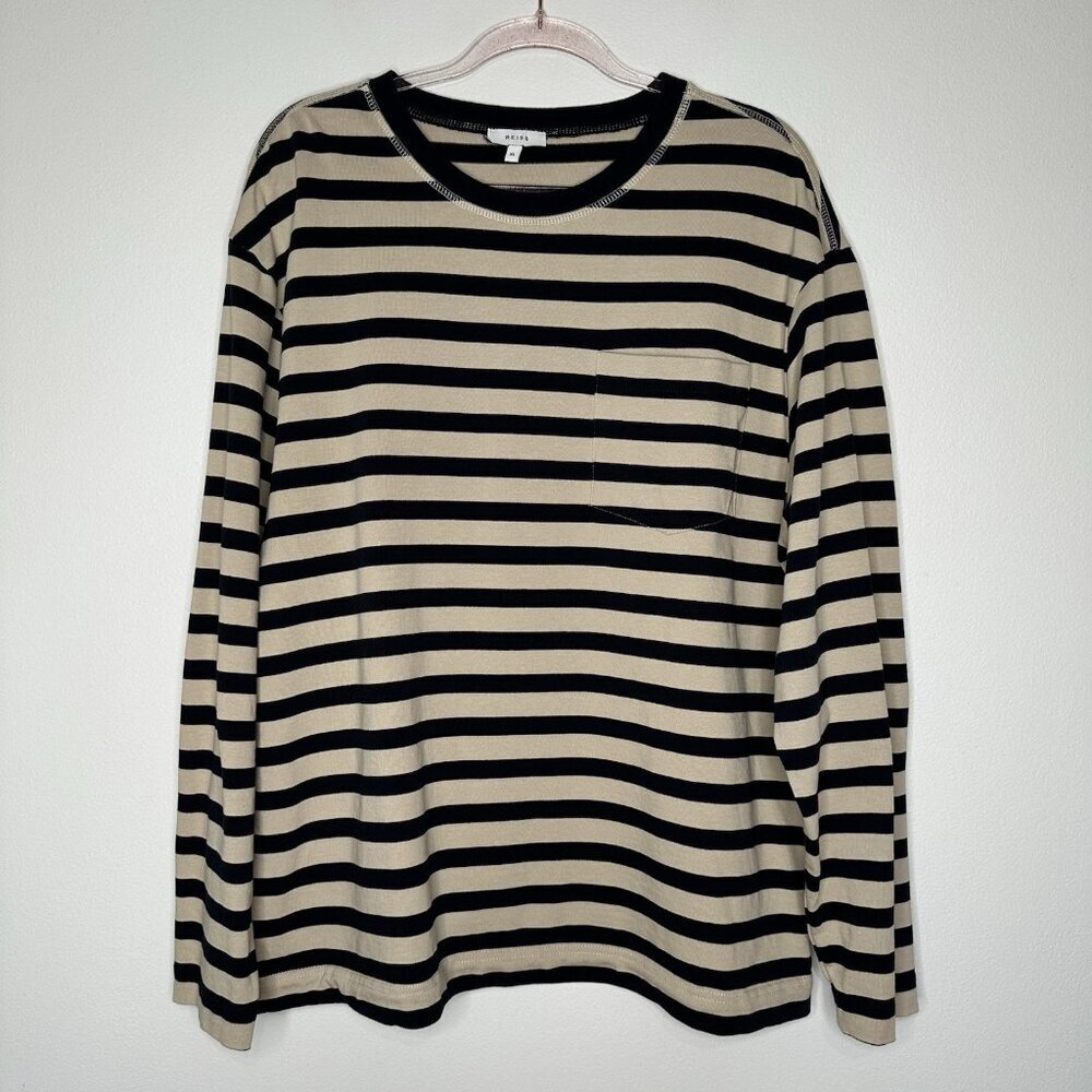 Reiss Perry Striped Long‎ Sleeve T-Shirt XL Navy Stone Cotton Preppy Crew Neck